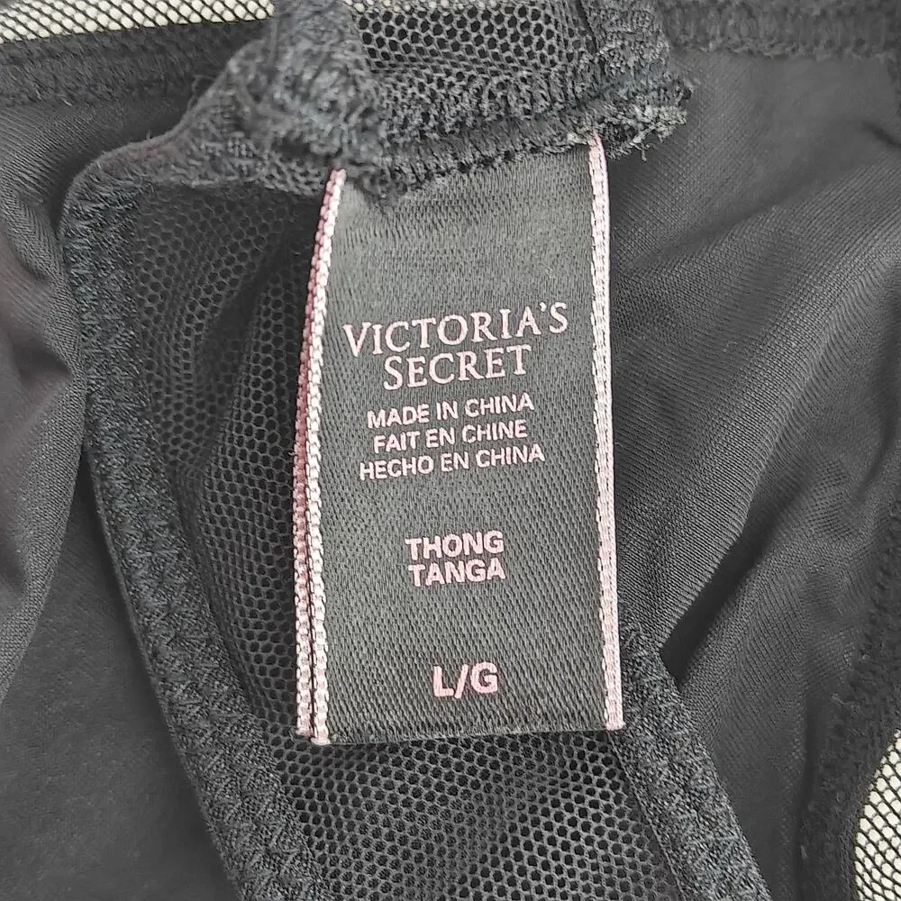 Victoria Secret Satin Black Mesh Thong Womens Large
